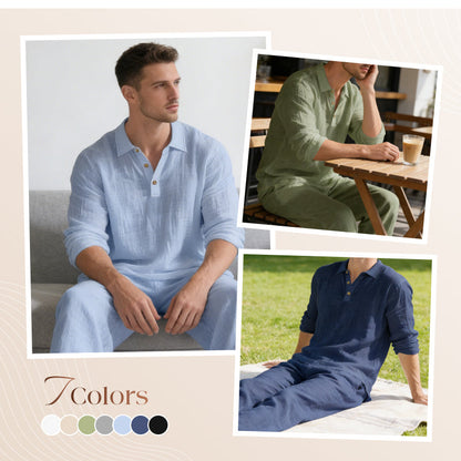 👕🌞 Herren 2-teiliger Freizeit-Set – Leinen Polo-Shirt mit langen Ärmeln & Lange Hose, Ideal für Frühling & Sommer