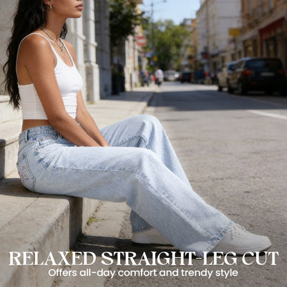 Gerade geschnittene Jeans mit hoher Taille und Schleifenstickerei