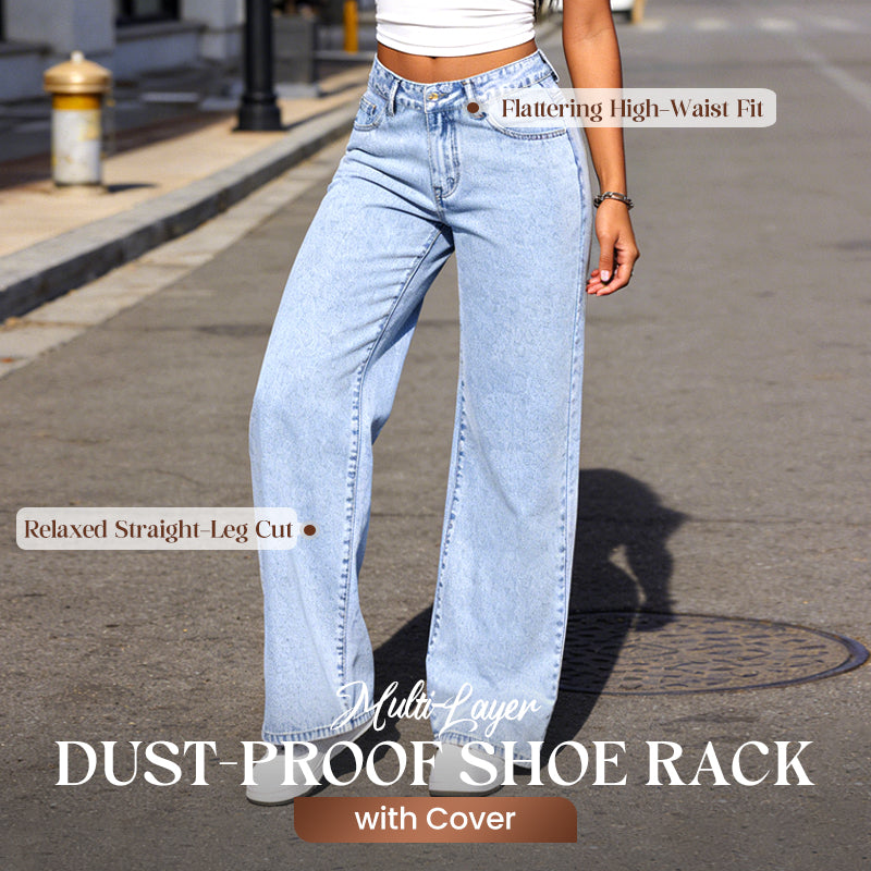 Gerade geschnittene Jeans mit hoher Taille und Schleifenstickerei
