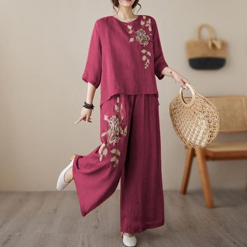 2-teiliges Set aus besticktem Baumwoll-Leinen im Vintage-Stil