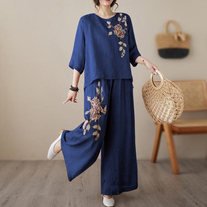 2-teiliges Set aus besticktem Baumwoll-Leinen im Vintage-Stil
