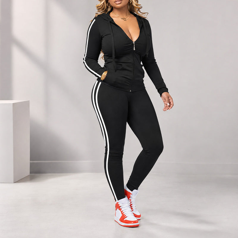 📢🎉50 % Rabatt!!!🛍️✨Gestreiftes Damen-Set mit Kapuze und Reißverschluss, bestehend aus Kapuzenpullover und Hose