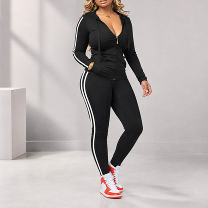 📢🎉50 % Rabatt!!!🛍️✨Gestreiftes Damen-Set mit Kapuze und Reißverschluss, bestehend aus Kapuzenpullover und Hose