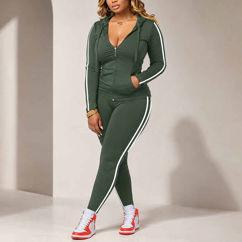 📢🎉50 % Rabatt!!!🛍️✨Gestreiftes Damen-Set mit Kapuze und Reißverschluss, bestehend aus Kapuzenpullover und Hose