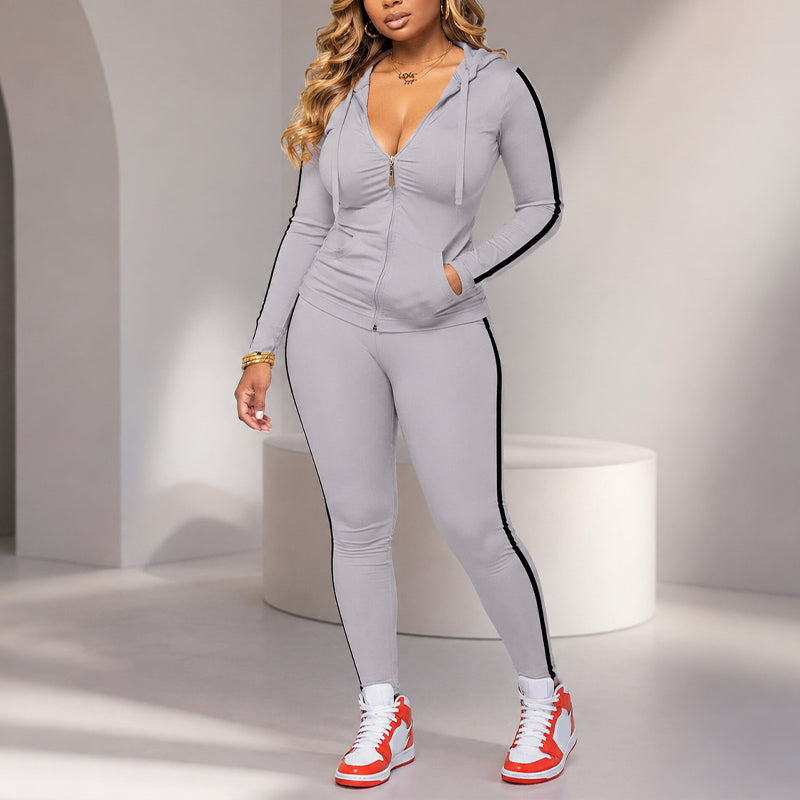 📢🎉50 % Rabatt!!!🛍️✨Gestreiftes Damen-Set mit Kapuze und Reißverschluss, bestehend aus Kapuzenpullover und Hose