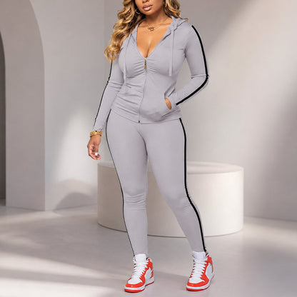 📢🎉50 % Rabatt!!!🛍️✨Gestreiftes Damen-Set mit Kapuze und Reißverschluss, bestehend aus Kapuzenpullover und Hose