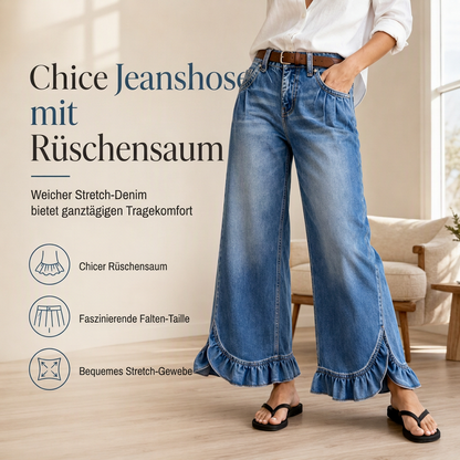 Komfortable, dehnbare Jeans mit weitem Bein für Damen, plissierter Taille und gerafftem Saum