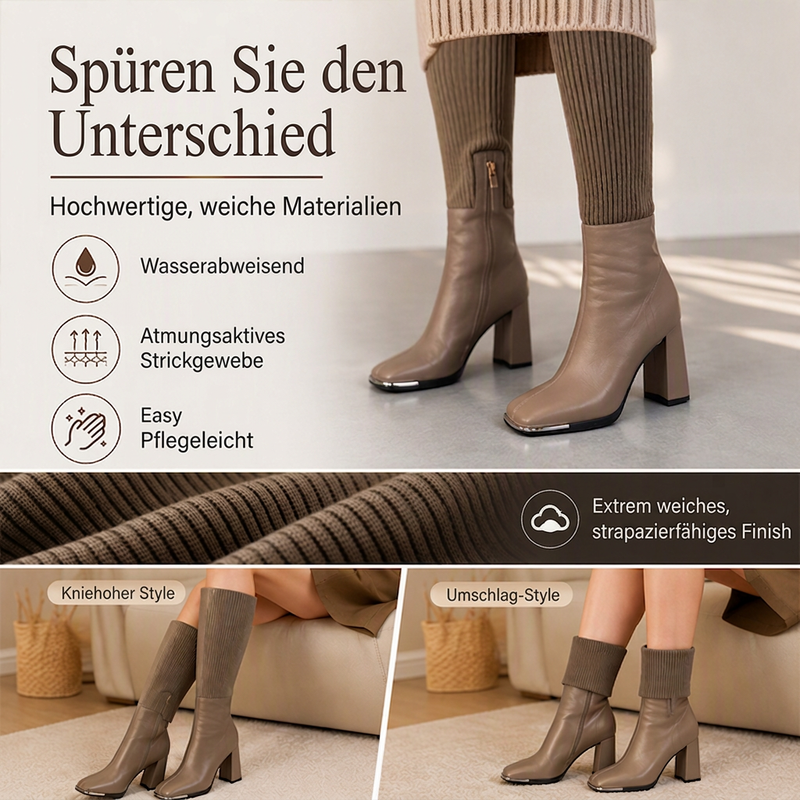 Dehnbare Stiefel für Damen mit hohem Blockabsatz aus Strickmaterial