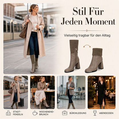 Dehnbare Stiefel für Damen mit hohem Blockabsatz aus Strickmaterial