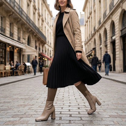Dehnbare Stiefel für Damen mit hohem Blockabsatz aus Strickmaterial