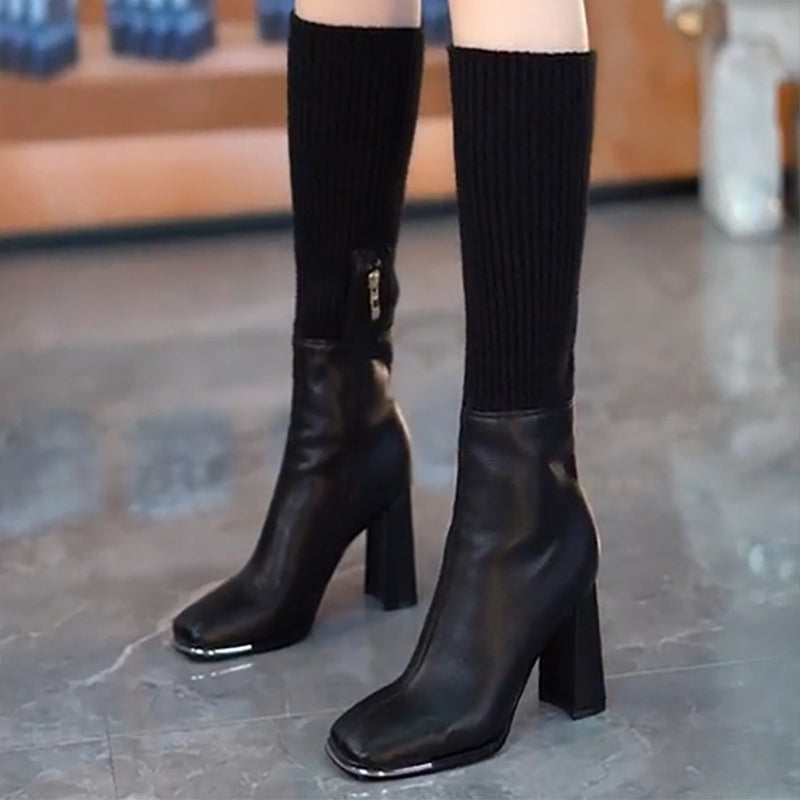 Dehnbare Stiefel für Damen mit hohem Blockabsatz aus Strickmaterial