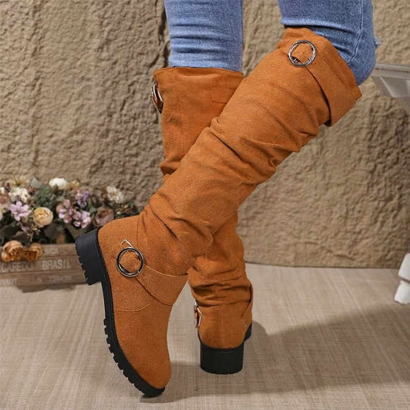 Damen lässige kniehohe Stiefel mit Gürtelschnalle