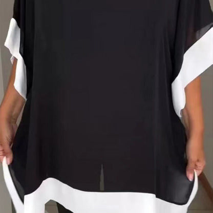 Farbblock-T-Shirt mit lockeren Fledermausärmeln für Damen